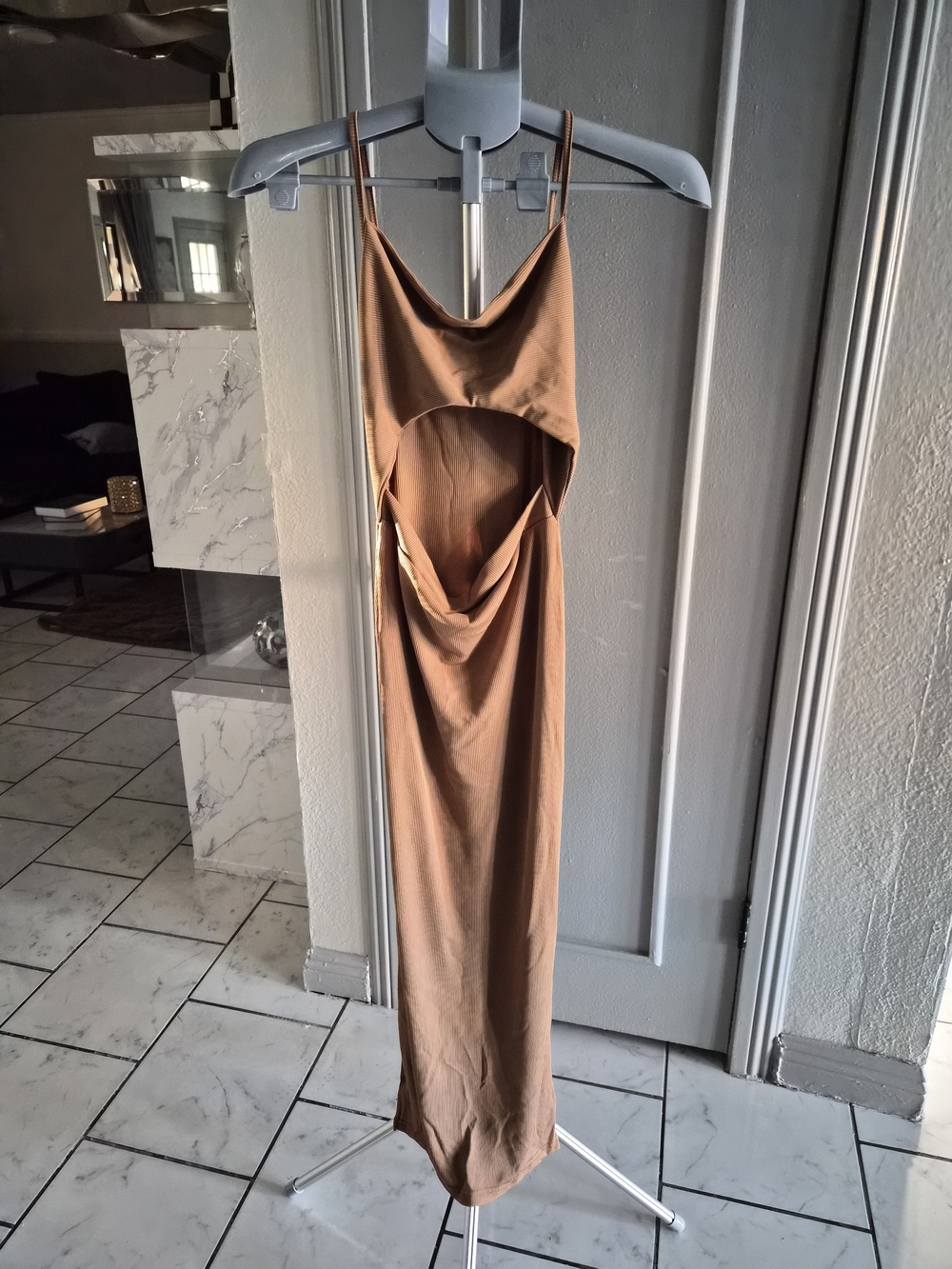Backless Cutout Slip Dress in Brown